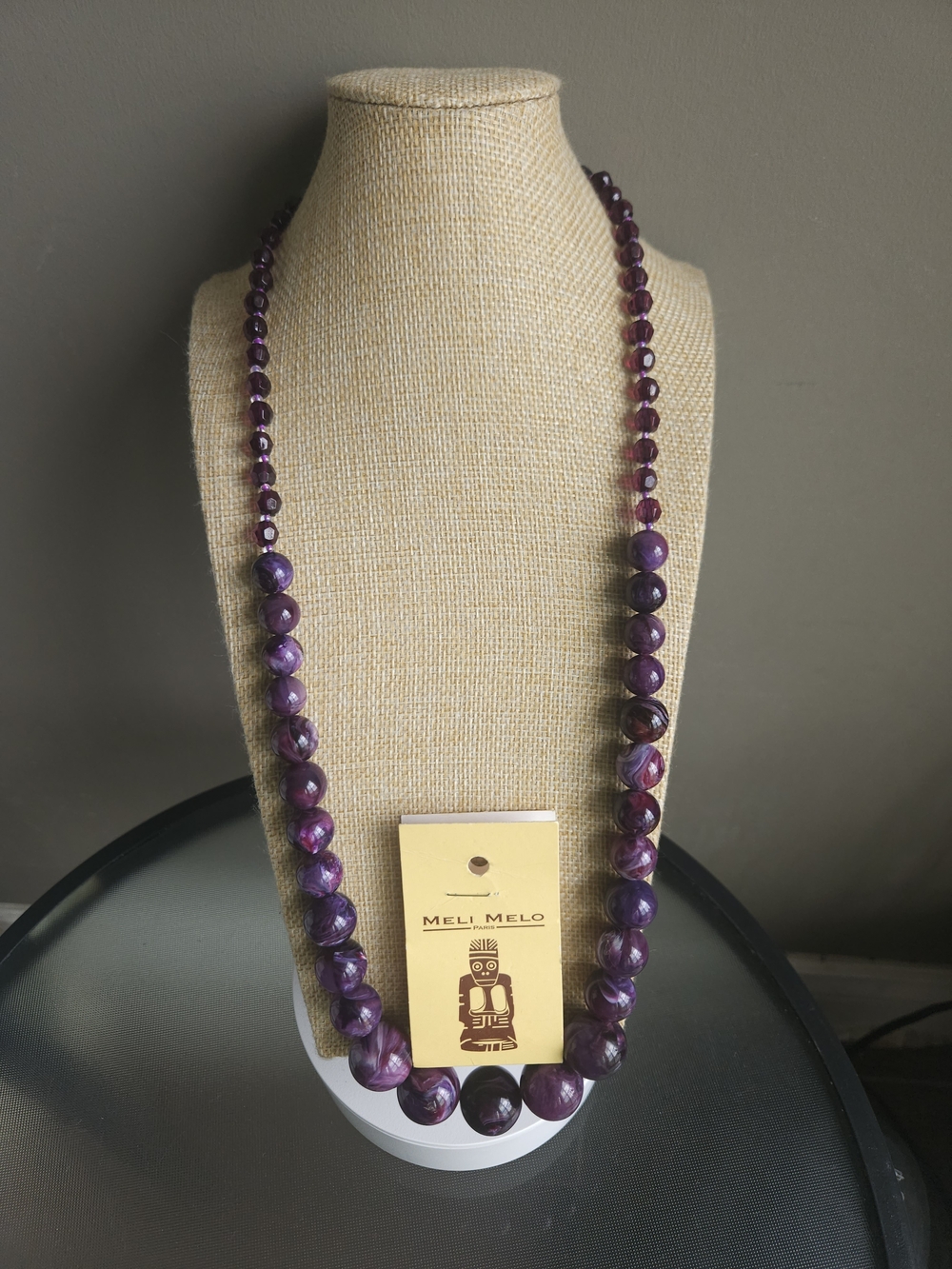 Vintage Meli Melo Paris Marbled Purple Beaded Necklace – French Designer